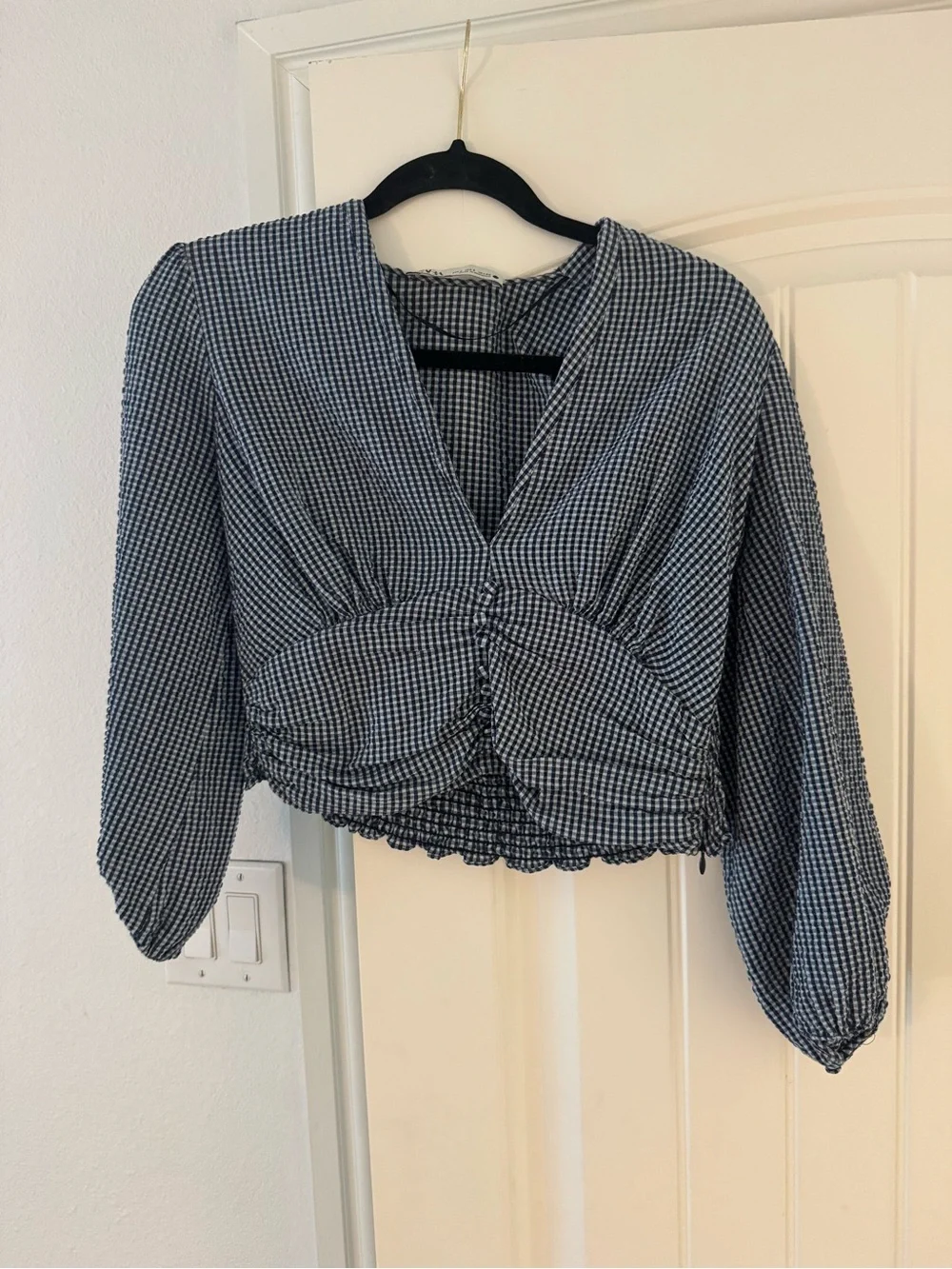 Zara Blue Gingham Ruched V-Neck Peplum Blouse